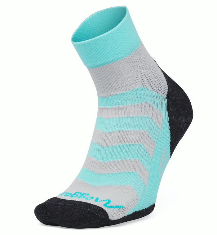 Moggans ultralight speed  Teal and gray sock with black toes on a white background