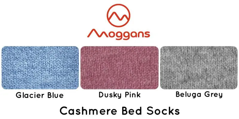 Three knitted fabric swatches in Glacier Blue, Dusky Pink, and Beluga Grey are shown beneath the Moggans logo, with “Cashmere Bed Socks – Made in Scotland” below—highlighting our luxury Scottish bed socks collection.