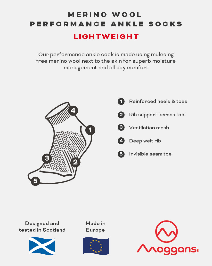 Infographic of Moggans Lightweight Merino Ankle Socks showing reinforced heels & toes, rib support, ventilation mesh, deep welt rib, invisible seam toe. Features Scottish and EU flags—ideal moisture-wicking running socks for comfort.