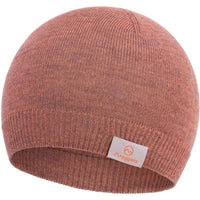 The Moggans 100% Merino Wool Beanie is a knitted light brown hat with a folded edge, small white tag featuring an orange logo and "Moggans," made in Scotland from mulesing-free wool.
