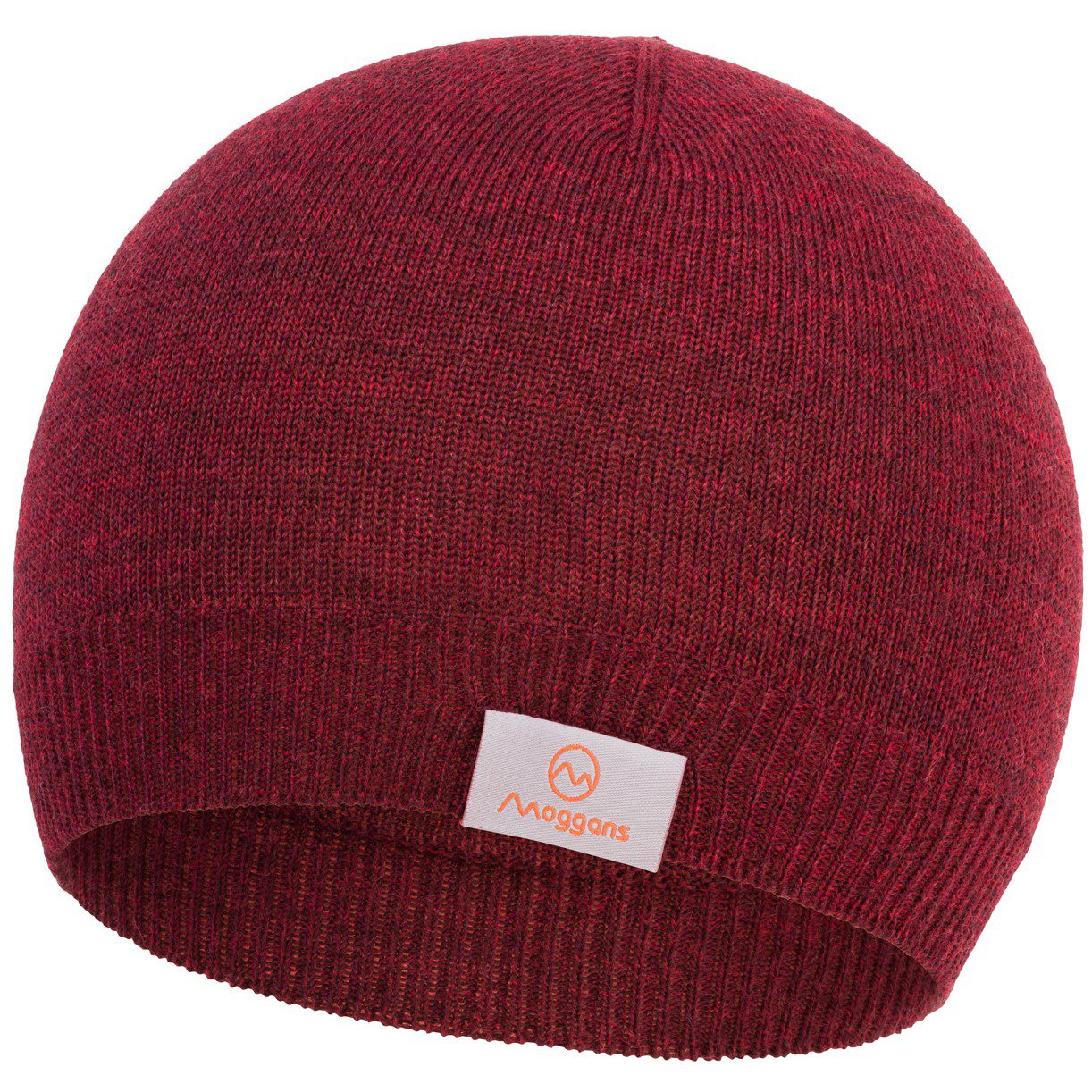 The Moggans 100% Merino Wool Beanie, made in Scotland, features a maroon knit with a ribbed edge and a white rectangular front label displaying an orange logo and Moggans. Crafted from mulesing-free Merino wool.