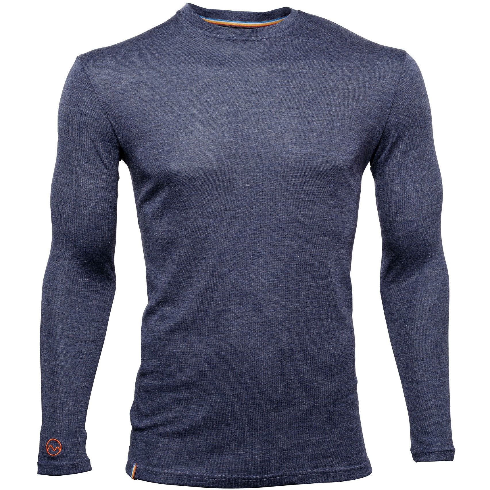 The Moggans Merino Long Sleeve Baselayer with TENCEL™ is a slim fit, heathered navy crew neck shirt with a small orange logo by the left wrist, made from a sustainable and thermoregulating TENCEL™ Lyocell blend.