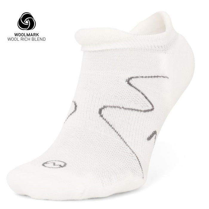 The Moggans Lightweight Merino No Show Sock is a single white ankle sock with subtle gray lines, featuring the Woolmark Wool Rich Blend logo. Enjoy its soft texture, minimal design, and invisible comfort for everyday wear.