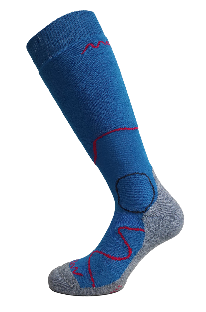 A single Moggans Intermediate Medium Cushion Ski Sock in blue and gray with red and black accents is shown on a white background. It features reinforced toe and heel areas for added comfort and cushioning.