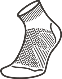 Black and white line drawing of Moggans Ultralight Merino Ankle Socks, showing a grid pattern on the top and curved lines highlighting the heel and toe areas.