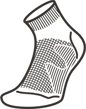 Black and white line drawing of Moggans Ultralight Merino Ankle Socks, showing a grid pattern on the top and curved lines highlighting the heel and toe areas.