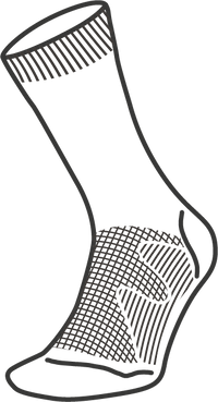 A simple black-and-white line drawing of a single Hiking Full Cushion Merino Crew Sock by Moggans, showing mesh pattern details on the top and side of the foot and ribbing at the cuff, inspired by classic Merino wool socks.