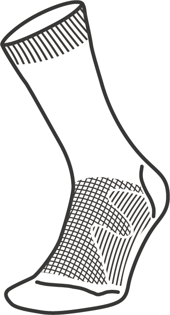 A simple black-and-white line drawing of a single Hiking Full Cushion Merino Crew Sock by Moggans, showing mesh pattern details on the top and side of the foot and ribbing at the cuff, inspired by classic Merino wool socks.