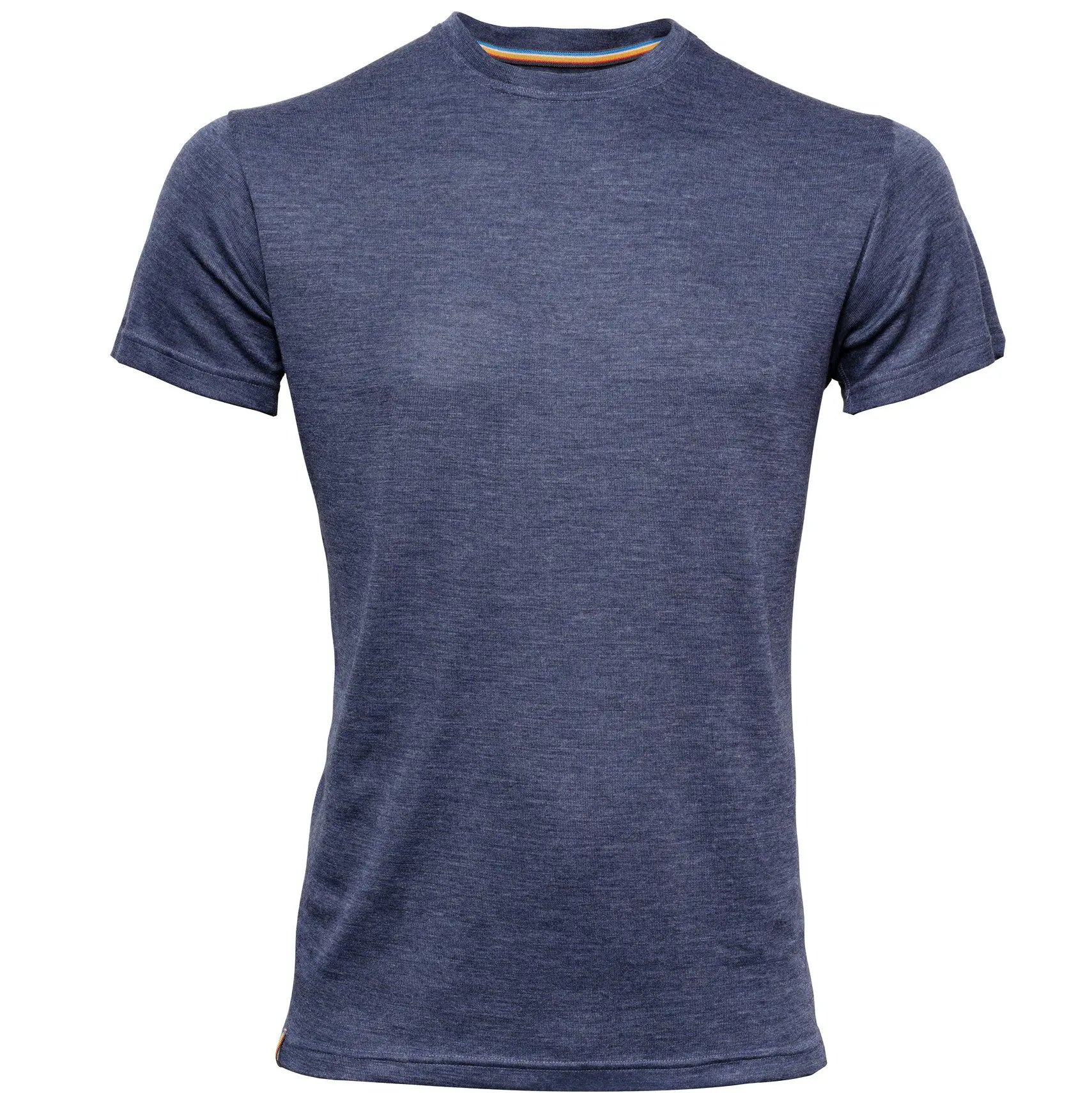 The Moggans Merino Short Sleeve Baselayer with TENCEL™ is a heathered navy blue crew neck t-shirt, lightweight and breathable for thermoregulation, shown on a white background.