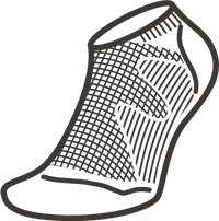 Line drawing of Moggans Ultralight Merino No Show Socks, showcasing mesh zones on top and sides for breathability and thicker areas at the heel, toe, and arch for support—perfect for athletic performance.