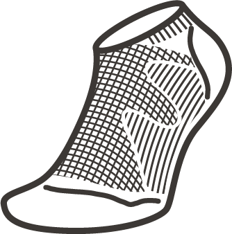 Line drawing of Moggans Ultralight Merino No Show Socks, showcasing mesh zones on top and sides for breathability and thicker areas at the heel, toe, and arch for support—perfect for athletic performance.