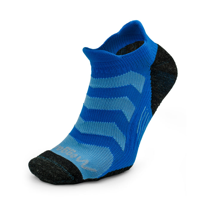 A blue and black Moggans Ultralight Speed No Show Sock with light blue stripes is shown upright on a white background, ideal for athletic performance.
