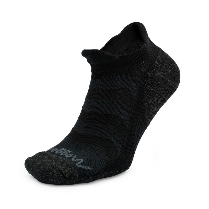 A single Moggans Ultralight Speed No Show Sock in black and dark gray, featuring ribbed texture and subtle stripe patterns, is displayed on a white background.