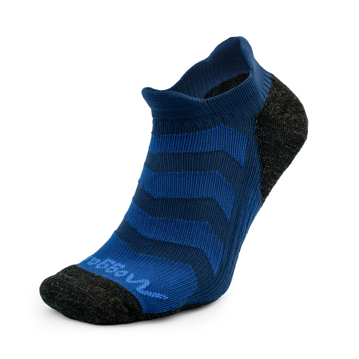 The Moggans Ultralight Speed No Show Socks feature black and dark blue stripes, a black toe and heel, and blue branding on the toe—angled to highlight their shape and texture, ideal for anyone seeking comfortable athletic socks.