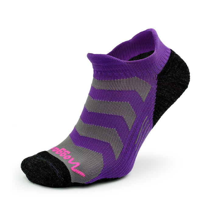 A single Moggans Ultralight Speed No Show Sock with purple, gray, and black stripes and pink writing on the toe is shown on a white background.
