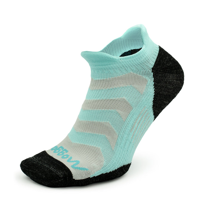 The Moggans Ultralight Speed No Show Sock features aqua blue, light gray, and black colors, a wavy top pattern, and reinforced toe and heel. Shown upright with the toe forward.