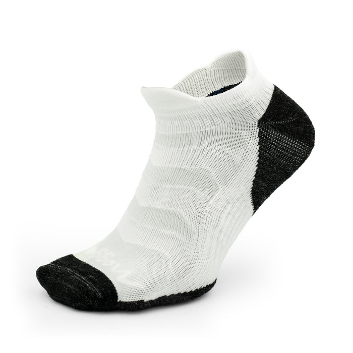 The Moggans Ultralight Speed No Show Socks, white with black heel and toe, are displayed standing upright on a white background.