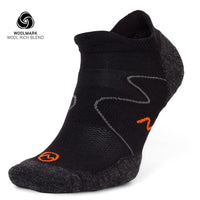 Moggans Ultralight Merino No Show Socks in black with gray accents and an orange zigzag, shown on a white background. Woolmark wool rich blend logo featured top left. Ideal for active lifestyles.