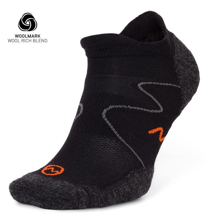 Moggans Ultralight Merino No Show Socks in black with gray accents and an orange zigzag, shown on a white background. Woolmark wool rich blend logo featured top left. Ideal for active lifestyles.