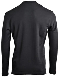 The Moggans 100% Merino Long Sleeve Baselayer – Midweight is shown from the back, featuring a simple, unadorned black design with no visible logos or patterns. This sustainable top offers thermoregulating properties for comfort.