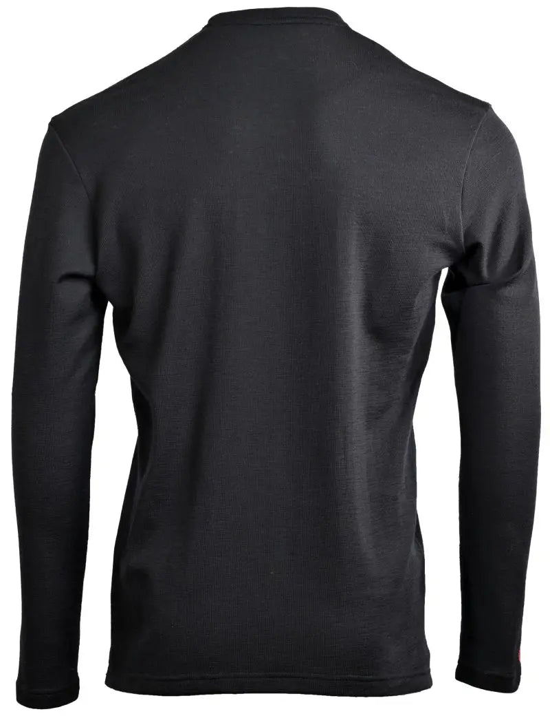 The Moggans 100% Merino Long Sleeve Baselayer – Midweight is shown from the back, featuring a simple, unadorned black design with no visible logos or patterns. This sustainable top offers thermoregulating properties for comfort.