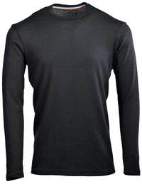The Moggans 100% Merino Long Sleeve Baselayer in black is a midweight, thermoregulating, and sustainable crew neck shirt. Displayed on a white background, it offers moisture-wicking comfort without any visible logos or designs.