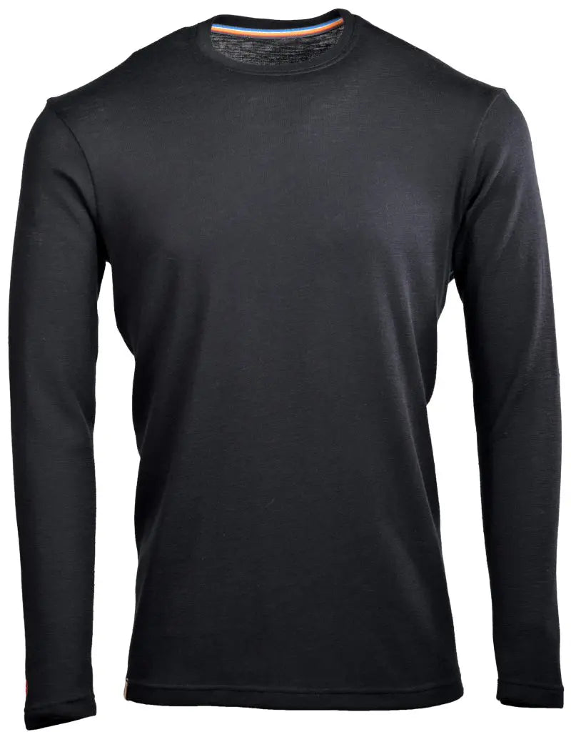 The Moggans 100% Merino Long Sleeve Baselayer in black is a midweight, thermoregulating, and sustainable crew neck shirt. Displayed on a white background, it offers moisture-wicking comfort without any visible logos or designs.