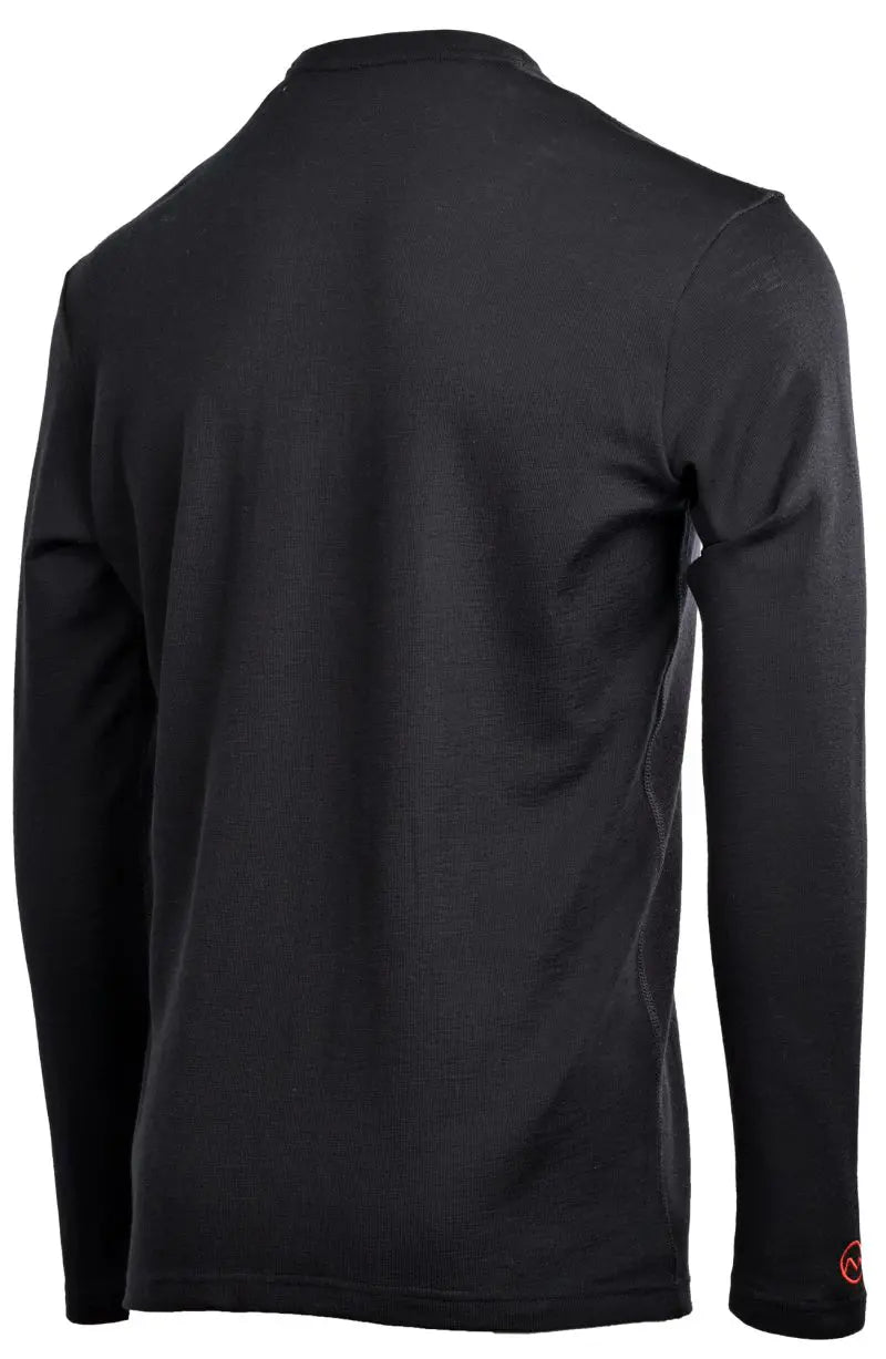 The Moggans 100% Merino Long Sleeve Baselayer – Midweight features a plain black, moisture-wicking design with no visible logos or patterns except a small red emblem on the left wrist, shown from the back.