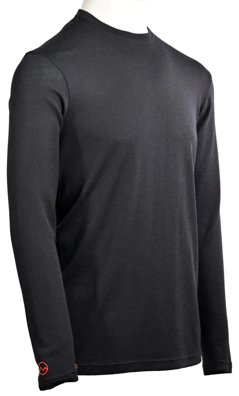 The Moggans 100% Merino Long Sleeve Baselayer—Midweight, Thermoregulating, and Sustainable—is shown in plain black on a headless mannequin, with a crew neck and a small red logo on the lower left sleeve.