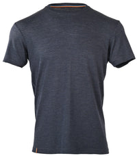 The Moggans Merino Short Sleeve Baselayer with TENCEL™ is shown on a white background. This lightweight, dark gray tee offers softness, breathability, and thermoregulation with a simple crew neck and no visible logos.