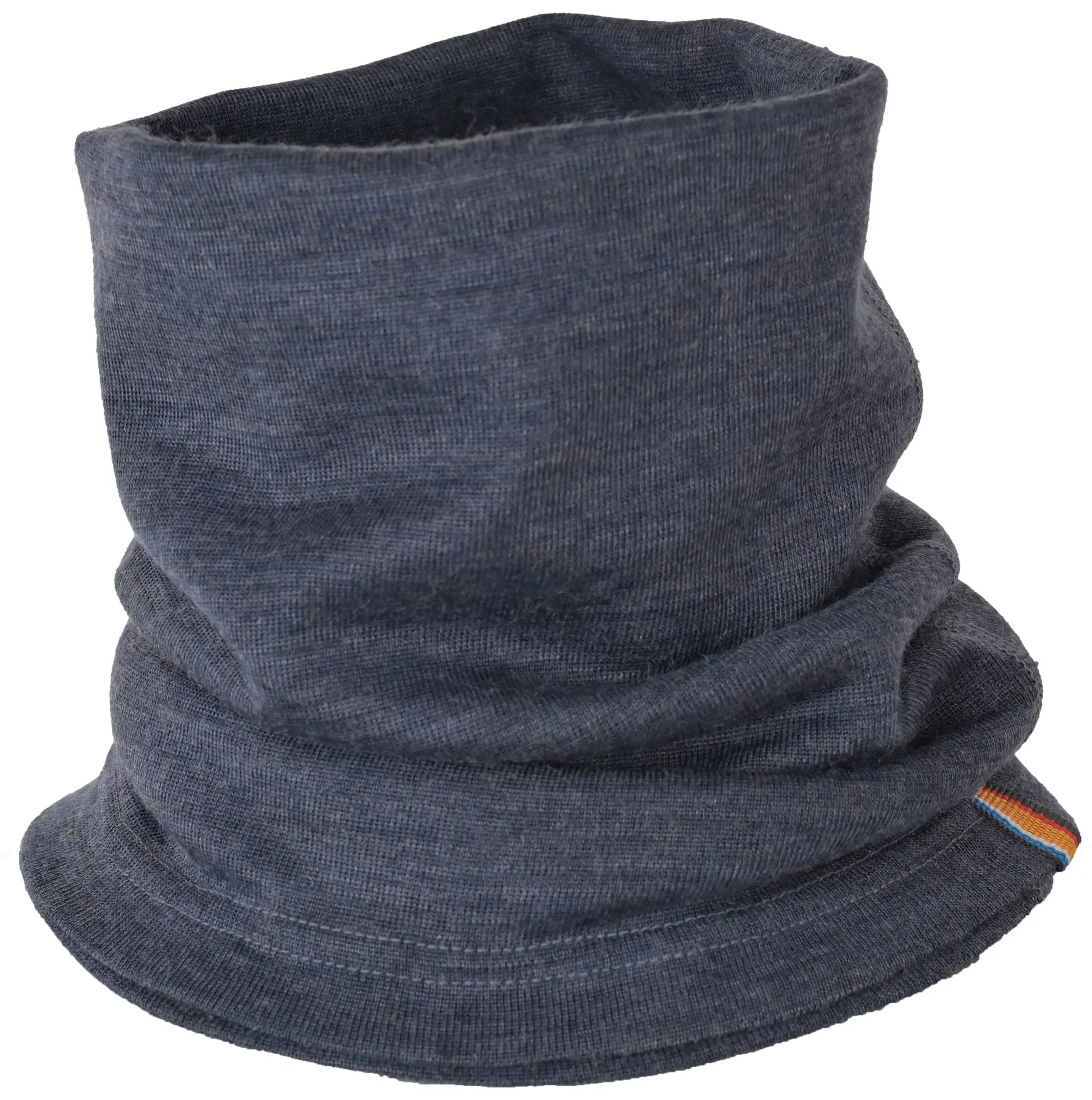 The Moggans Merino Wool Neck Gaiter with TENCEL™ Lyocell is a dark gray, breathable, soft, and stretchy neck gaiter featuring a small tag with a colorful stripe on the bottom edge.