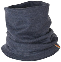 The Moggans Merino Wool Neck Gaiter with TENCEL™ Lyocell is a dark gray, breathable, soft, and stretchy neck gaiter featuring a small tag with a colorful stripe on the bottom edge.