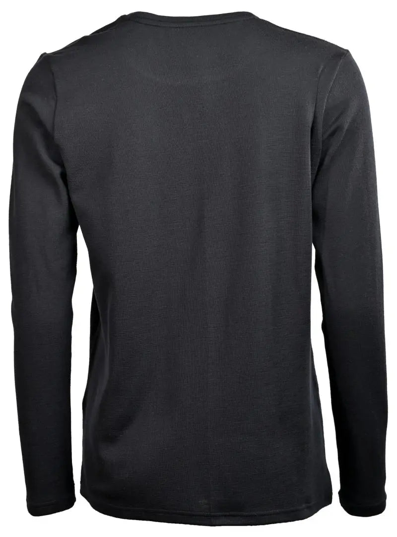 The Moggans 100% Merino Long Sleeve Baselayer is shown from the back, highlighting its simple design, crew neck, lightweight thermoregulation, and sustainable moisture-wicking performance.