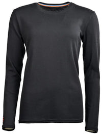 The Moggans 100% Merino Long Sleeve Baselayer is a lightweight, black crew neck shirt with no visible logos or patterns, offering thermoregulating, moisture-wicking comfort and sustainable performance against a white background.