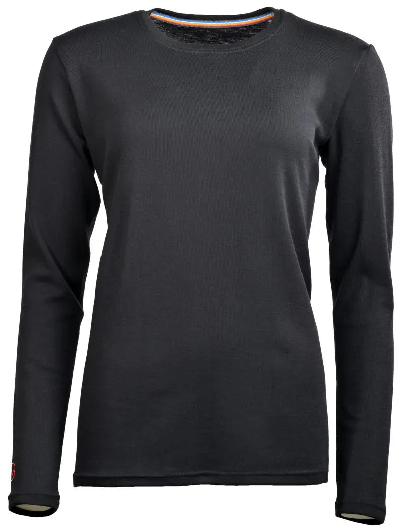 The Moggans 100% Merino Long Sleeve Baselayer is a lightweight, black crew neck shirt with no visible logos or patterns, offering thermoregulating, moisture-wicking comfort and sustainable performance against a white background.