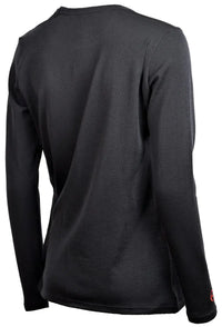 Back view of the Moggans 100% Merino Long Sleeve Baselayer—lightweight, thermoregulating, and sustainable—shown in plain black with a slightly loose fit, crafted from moisture-wicking Merino wool on an invisible mannequin.