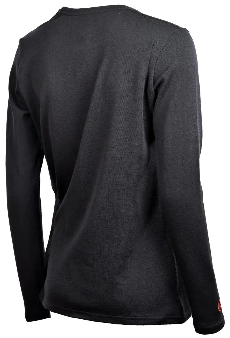 Back view of the Moggans 100% Merino Long Sleeve Baselayer—lightweight, thermoregulating, and sustainable—shown in plain black with a slightly loose fit, crafted from moisture-wicking Merino wool on an invisible mannequin.