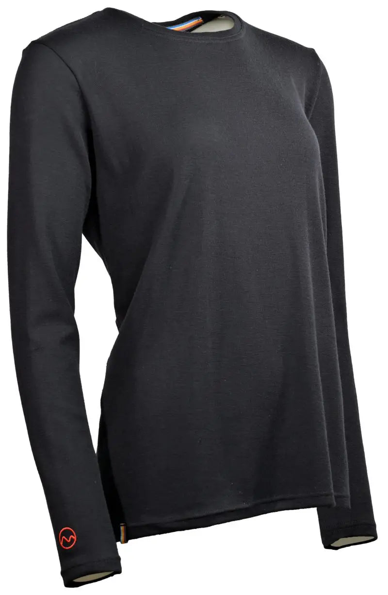 A featureless mannequin displays the Moggans 100% Merino Long Sleeve Baselayer—midweight, thermoregulating, and sustainable—in plain black with a subtle left cuff logo, against a white background.