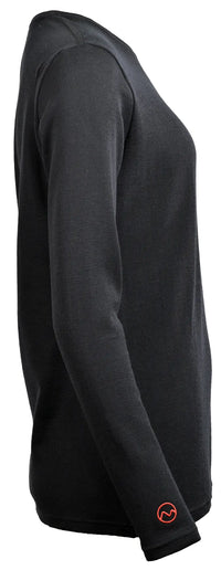 Side view of the Moggans 100% Merino Long Sleeve Baselayer—lightweight, thermoregulating, sustainable—in black with a small orange circular logo by the left wrist, shown on a white background.