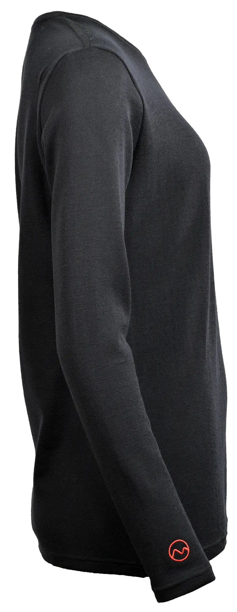 Side view of the Moggans 100% Merino Long Sleeve Baselayer—lightweight, thermoregulating, sustainable—in black with a small orange circular logo by the left wrist, shown on a white background.