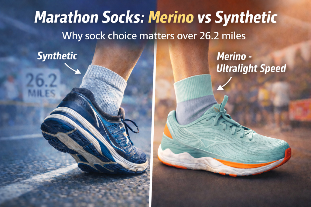 Illustrated comparison of marathon sock options showing cushioning and fit trade-offs