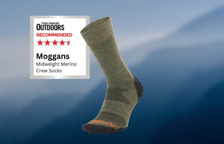 Moggans midweight merino crew socks worn outdoors, as reviewed by TGO magazine
