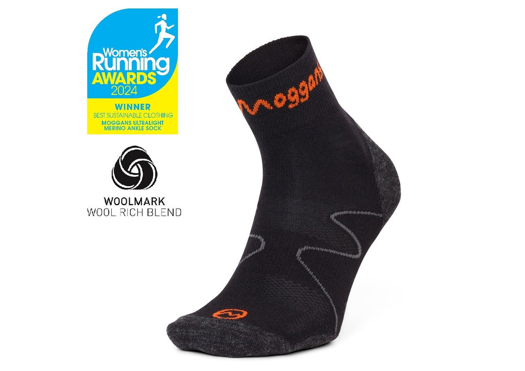 Moggans ultralight merino socks with Wilderness Running Award badge
