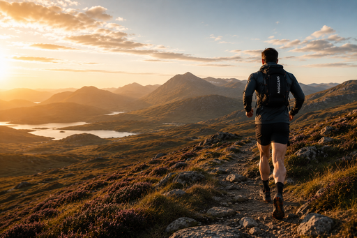 Person running on a mountain trail with a scenic view of mountains and lake at sunset.