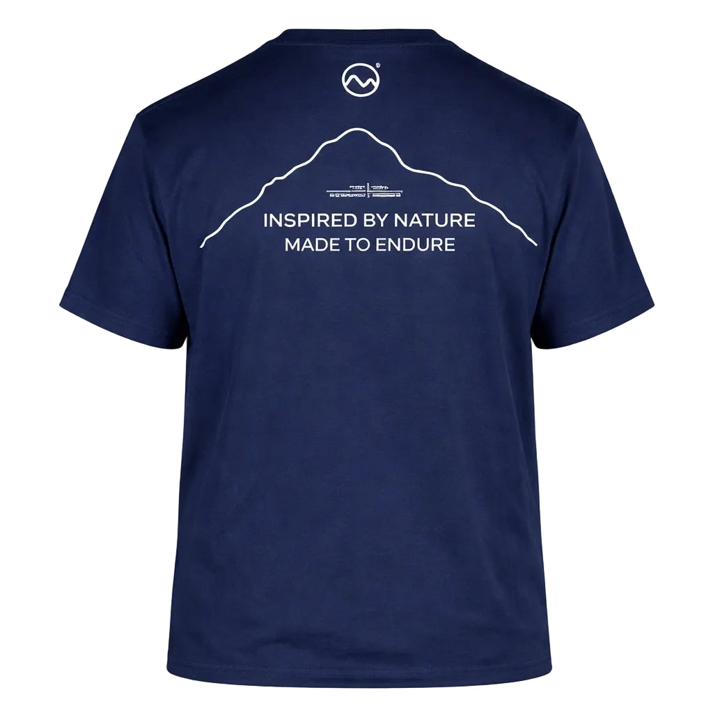 Navy blue t-shirt with white mountain graphic and text on a white background