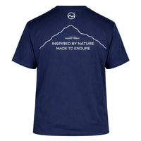 Navy blue t-shirt with white mountain graphic and text on a white background