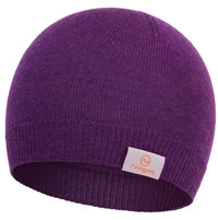 The Moggans 100% Merino Wool Beanie in purple, made in Scotland and mulesing-free, features a folded brim and a white rectangular tag with an orange Moggans logo on the front.