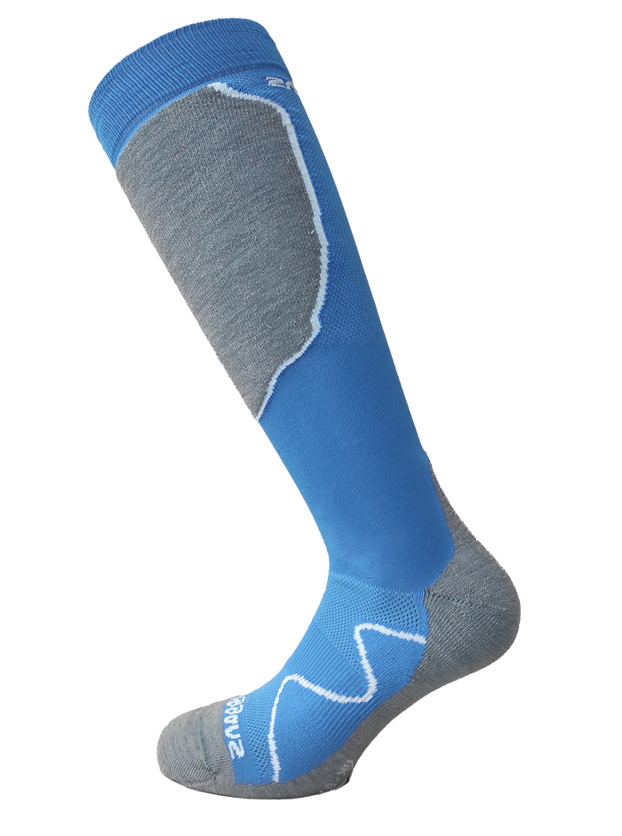 The Moggans Merino Advanced Light Cushion Ski Socks are lightweight, knee-high socks in blue and gray, featuring reinforced gray toe, heel, and shin plus stylish white accent lines for enhanced performance.