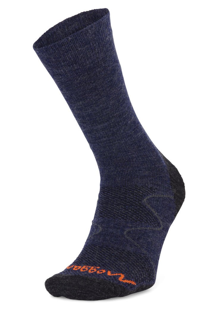 Navy sock with a moggans logo on a white background