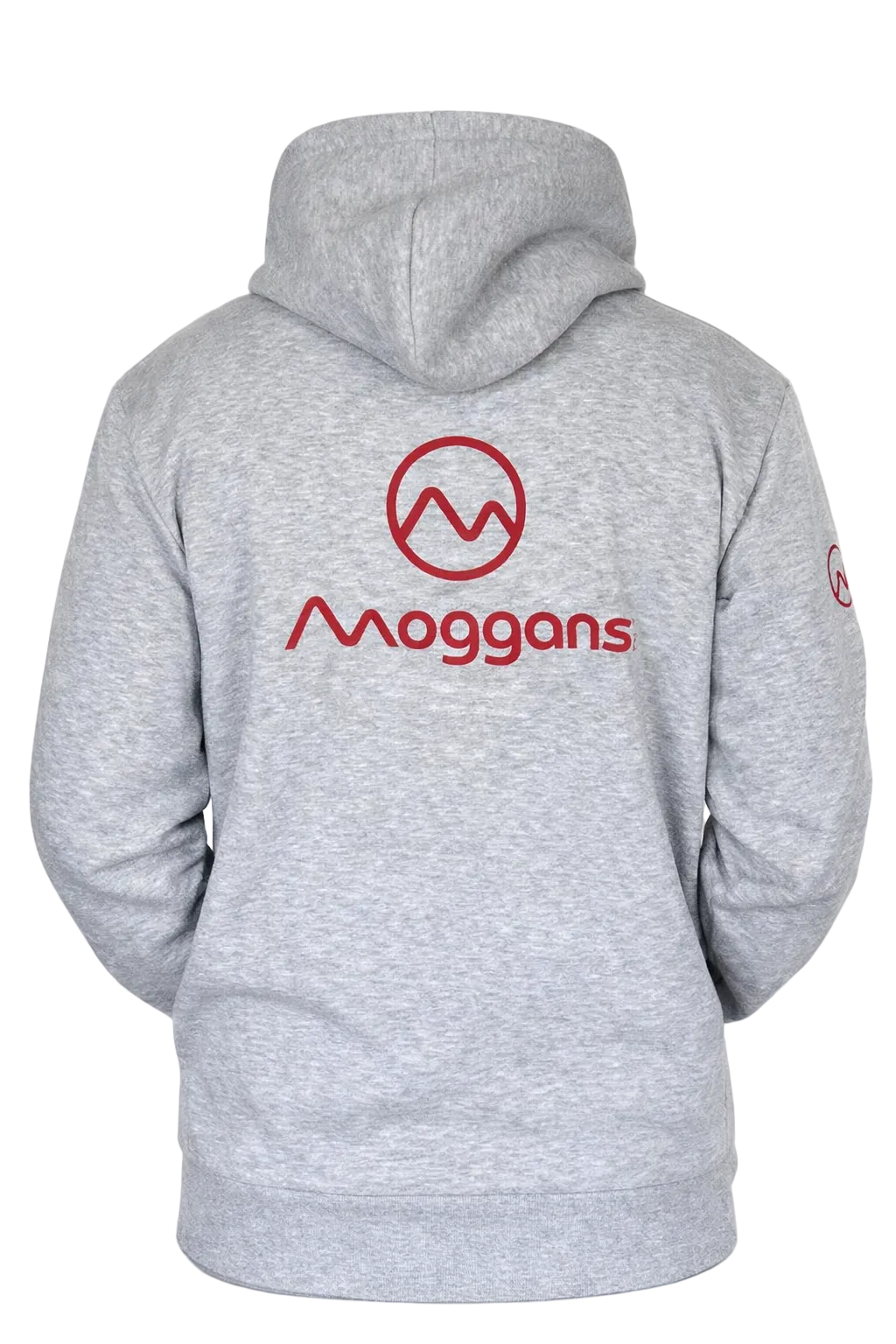 Gray hoodie with red logo and text on the back against a white background